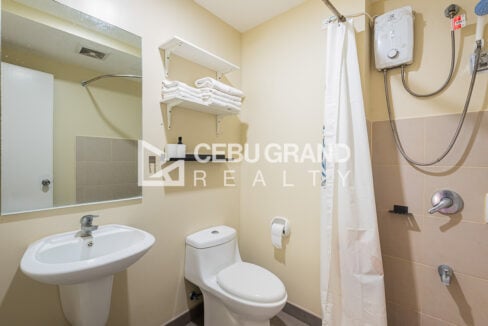 Bathroom with electric shower heater, toilet and pedestal basin