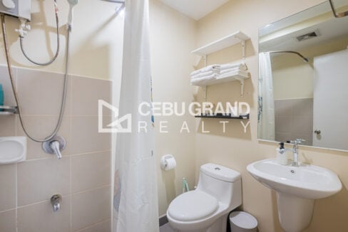 Bathroom with electric shower heater, toilet and pedestal basin