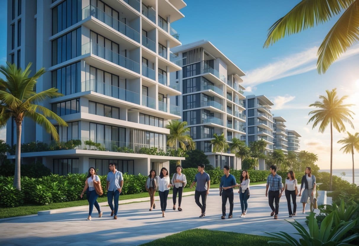 Modern condominium buildings surrounded by tropical trees with people walking and socializing outdoors on a sunny day near the coast.