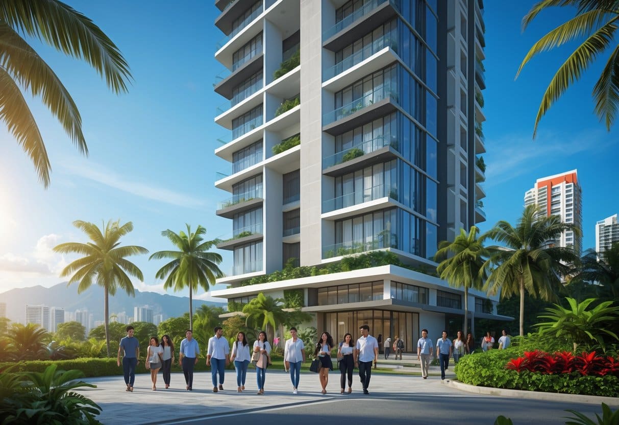 Modern condominium building in Cebu with people walking nearby, surrounded by tropical plants and a clear sky.