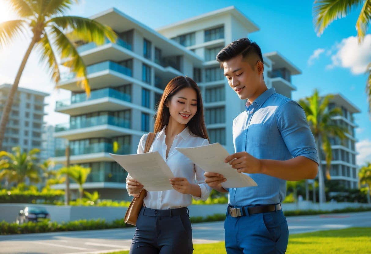 A young couple reviewing documents in front of a modern condominium building surrounded by tropical plants in Cebu.