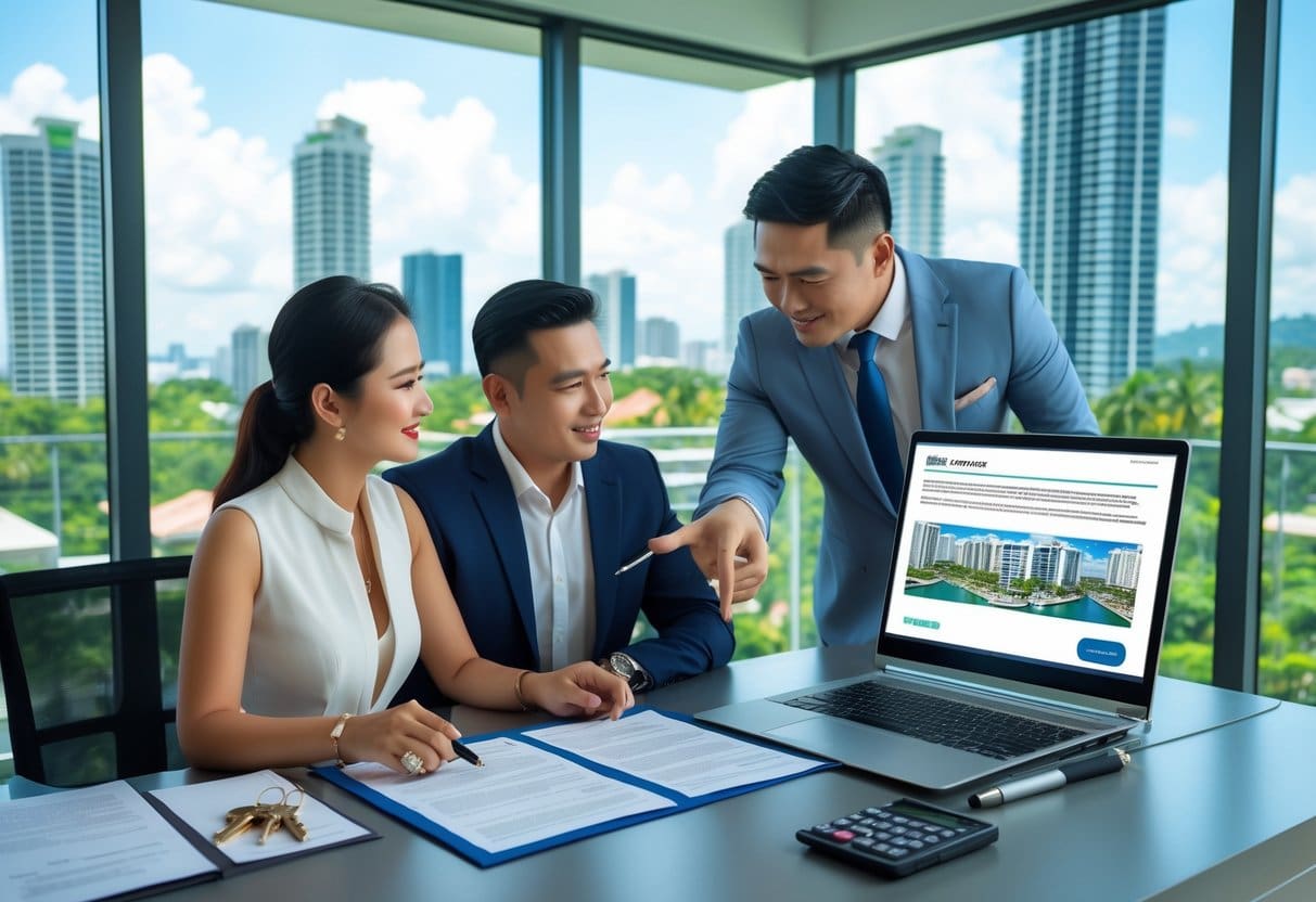 A couple discussing condo purchase documents with a real estate agent in a bright office overlooking Cebu city skyline.