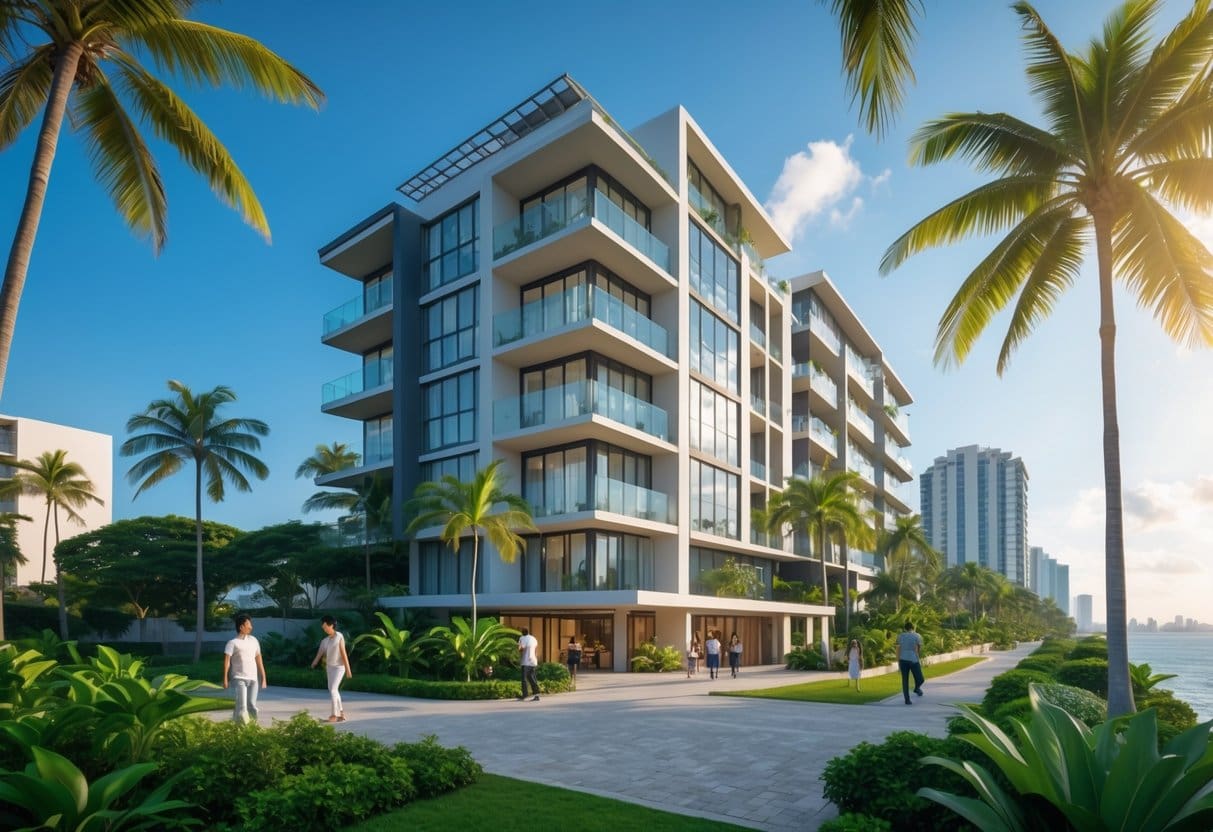 Modern condominium building in Cebu surrounded by tropical greenery with people near the entrance and cityscape in the background.