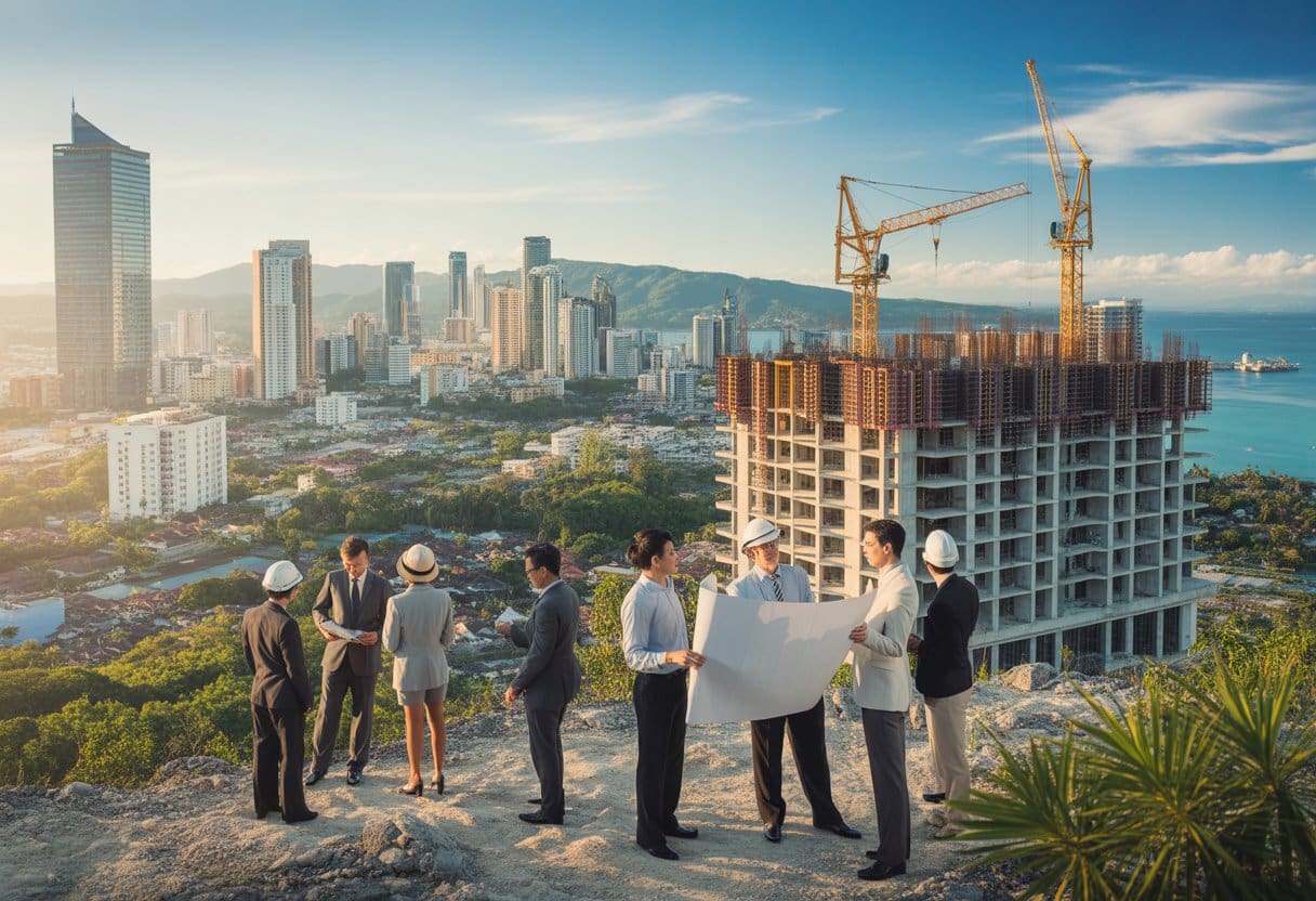 Panoramic view of Cebu City's skyline with modern buildings, construction sites, and business professionals discussing near a construction area.