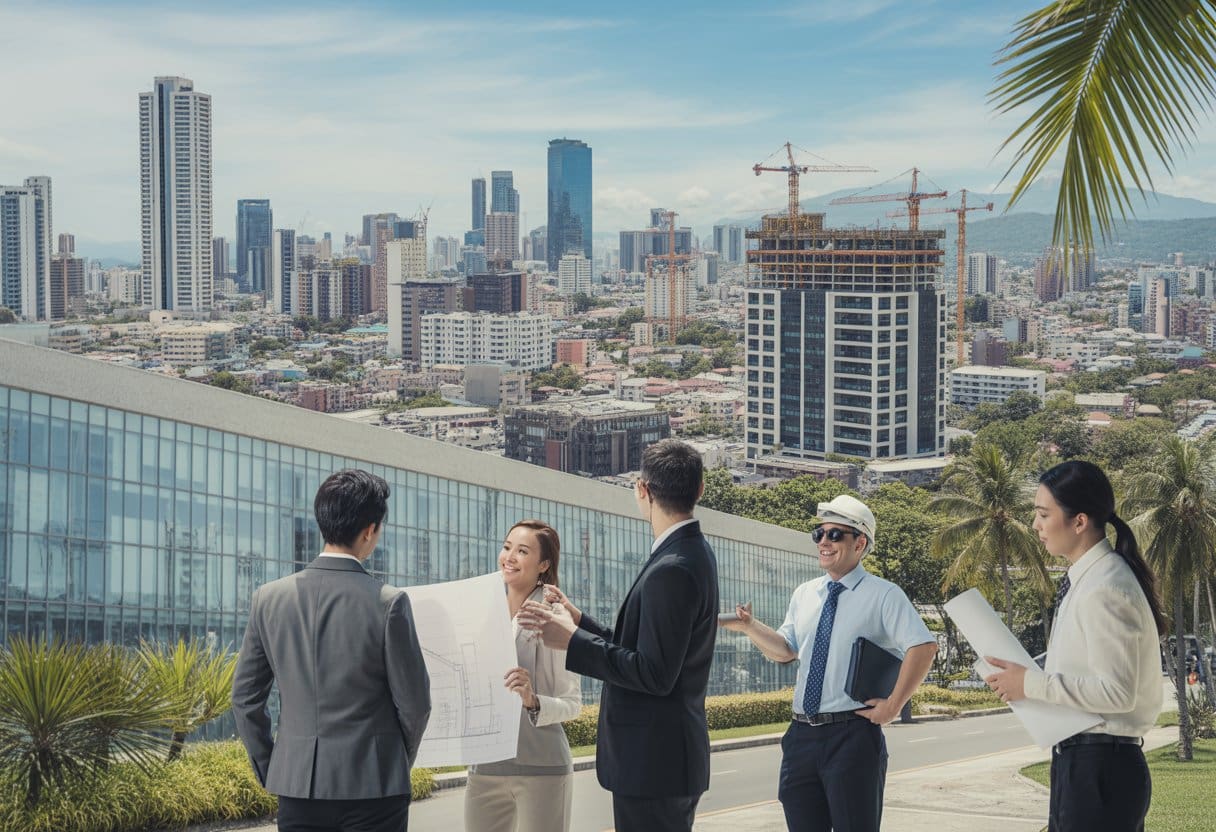 A city skyline with high-rise buildings and construction cranes, business professionals discussing plans outdoors, surrounded by tropical greenery.