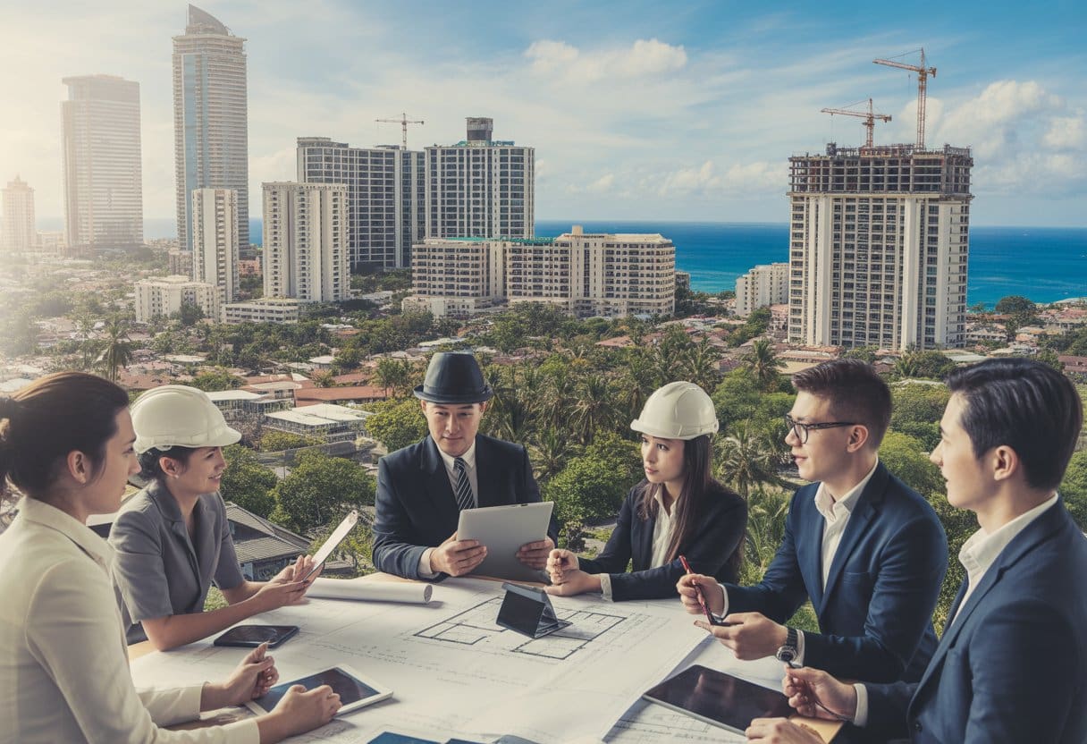 A cityscape of modern buildings and construction cranes in Cebu with professionals discussing blueprints outdoors near palm trees and the sea.