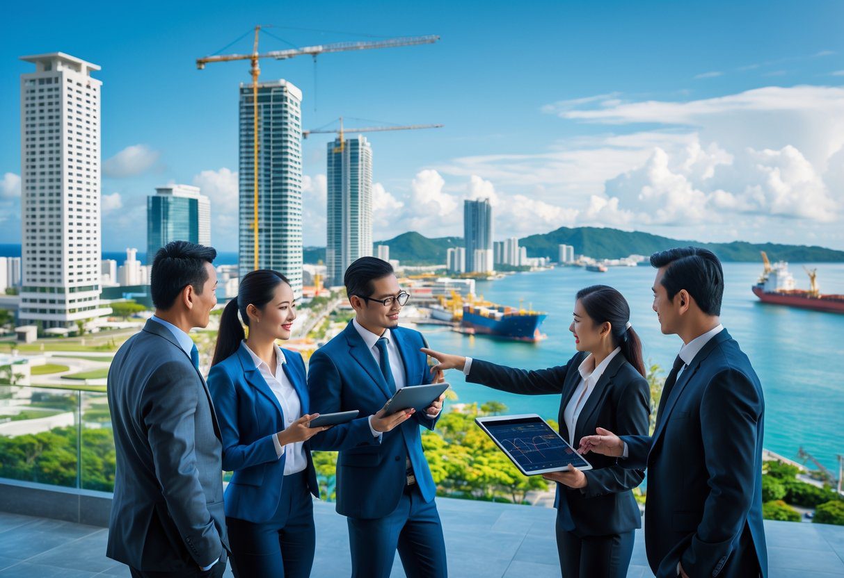 Business professionals discussing real estate development in a modern city with high-rise buildings and a coastal skyline in the background.
