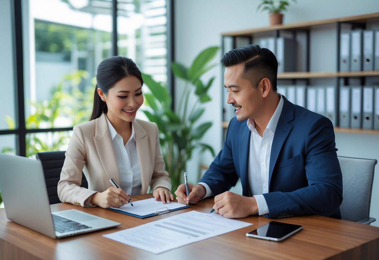 A man and a woman sitting at a table in an office, reviewing and signing rental documents together.