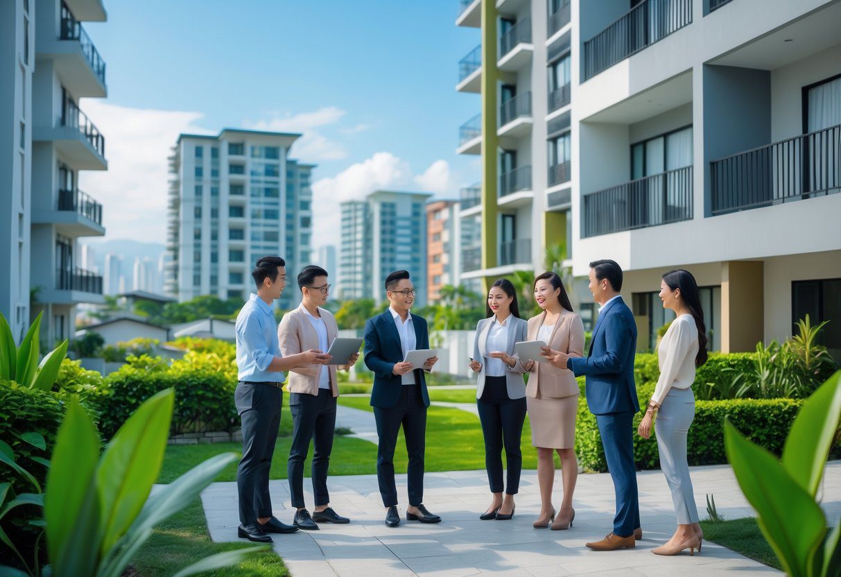 People discussing outside a modern apartment building in a city, representing landlords and renters engaging in conversation.