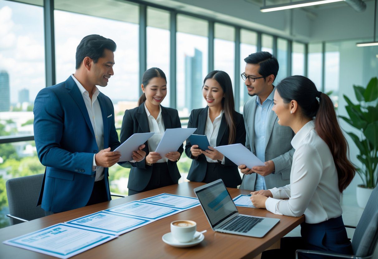A group of people discussing rental agreements in a bright office with a city view.