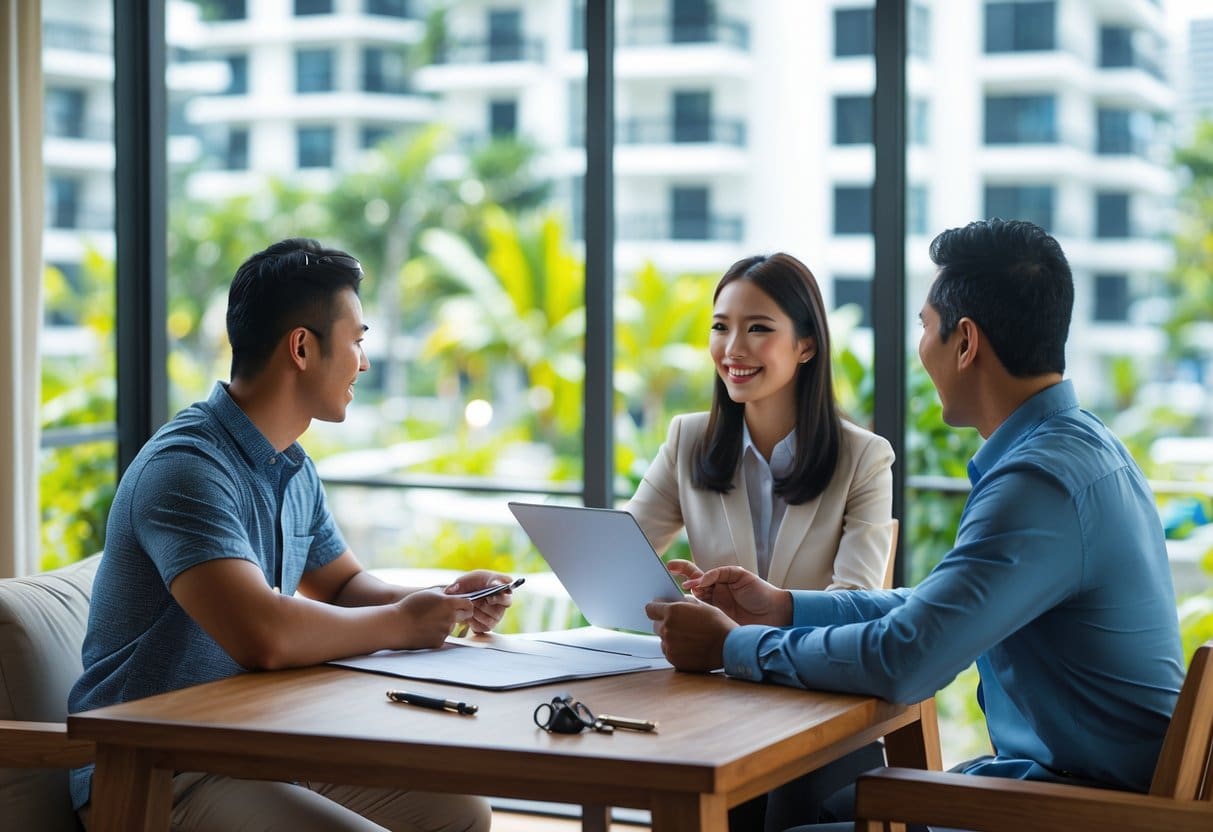 A young couple discussing lease documents with a real estate agent at a table in a modern apartment with city views.