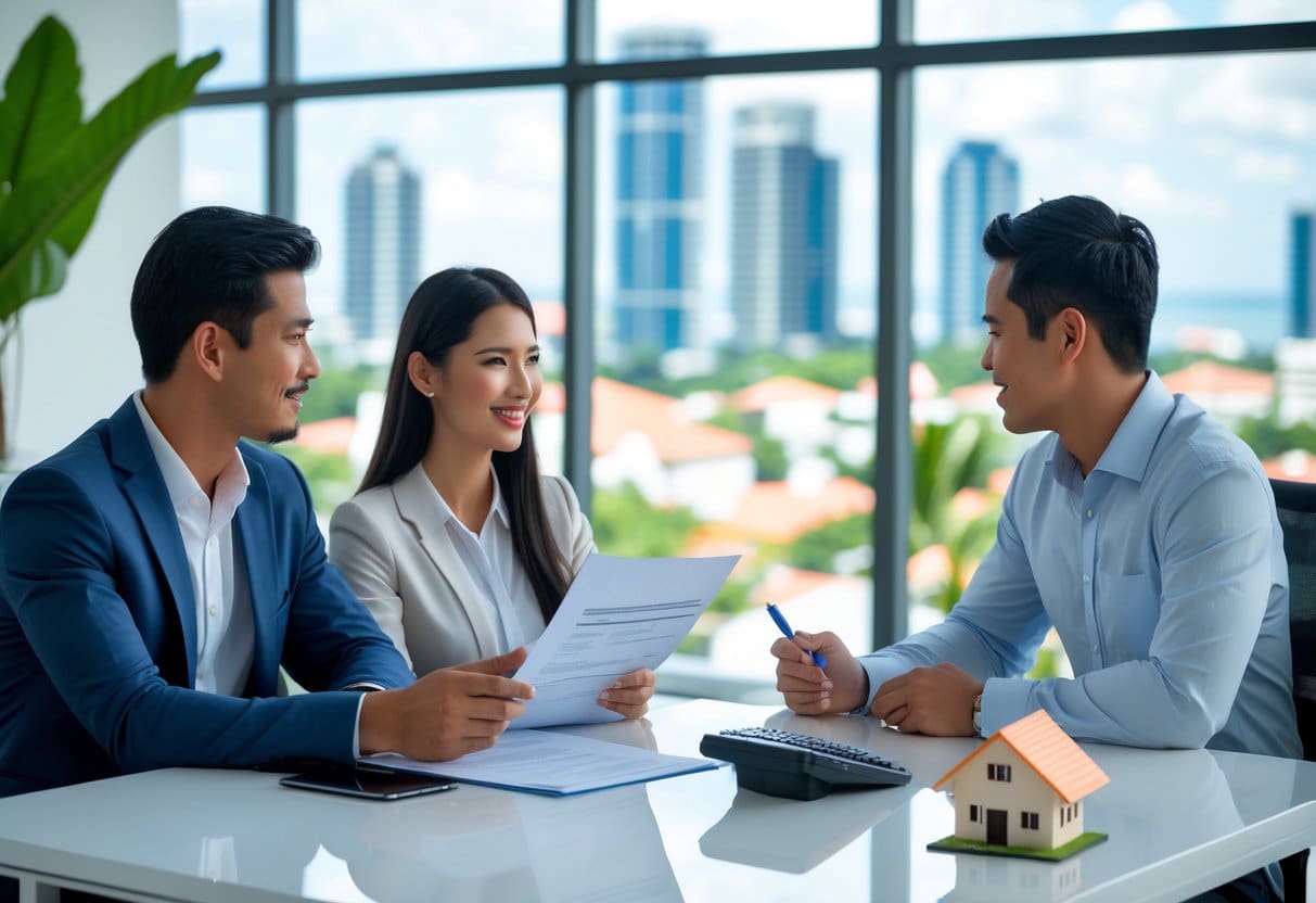 A couple talking to a real estate agent in an office while reviewing a lease agreement with a cityscape of Cebu visible through the window.