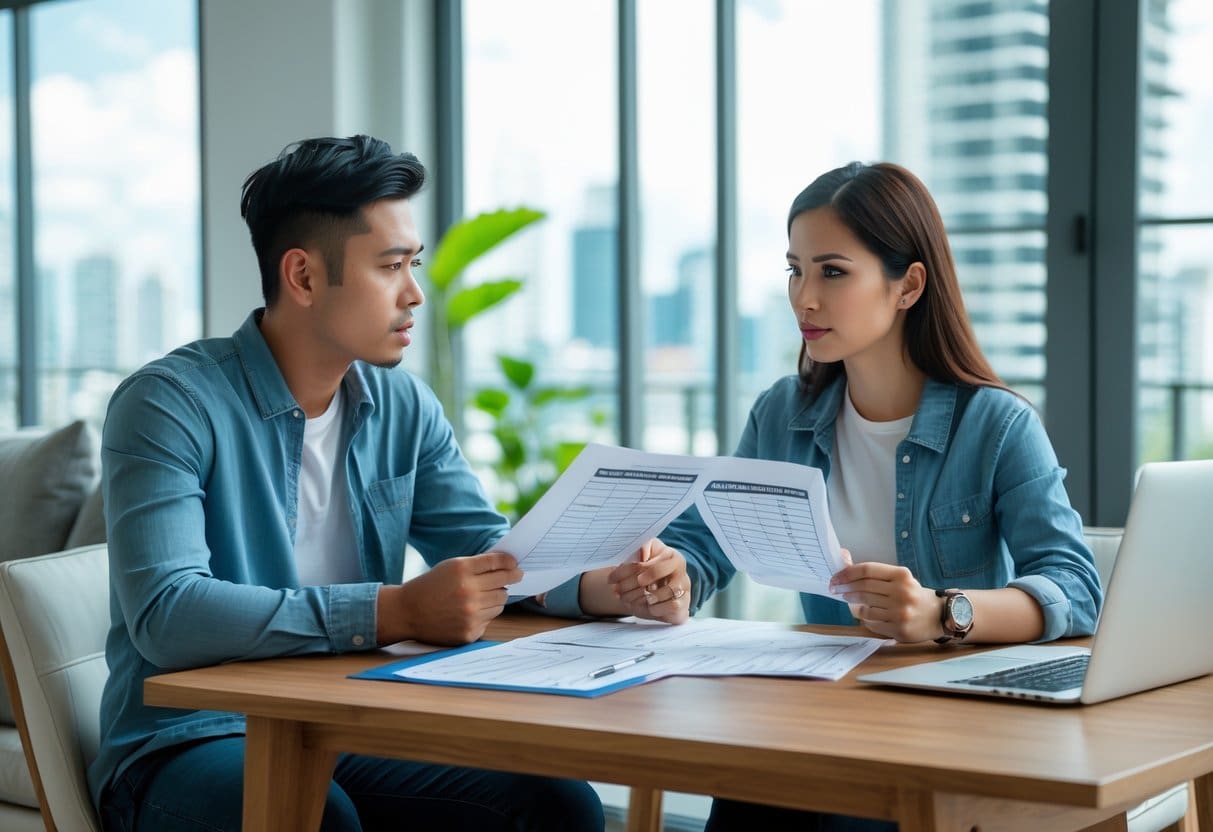 A young couple reviewing rental documents together at a table in a bright apartment with city views.