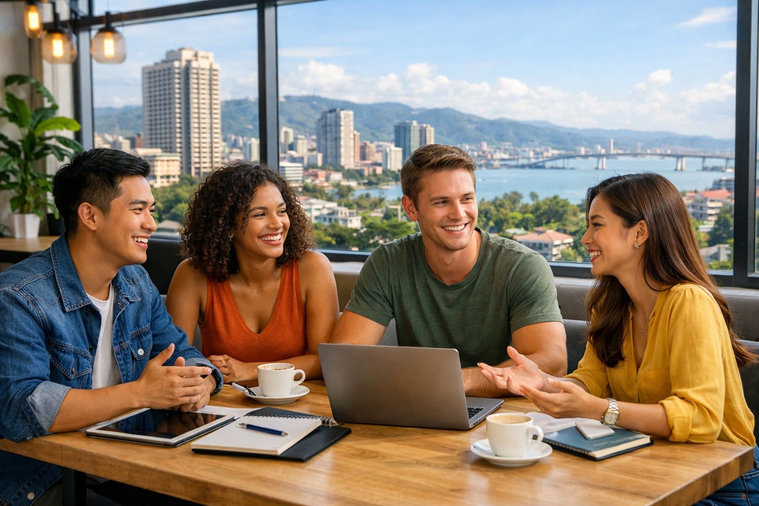 A group of young adults working together at a table with laptops and notebooks near large windows showing an urban cityscape with greenery.