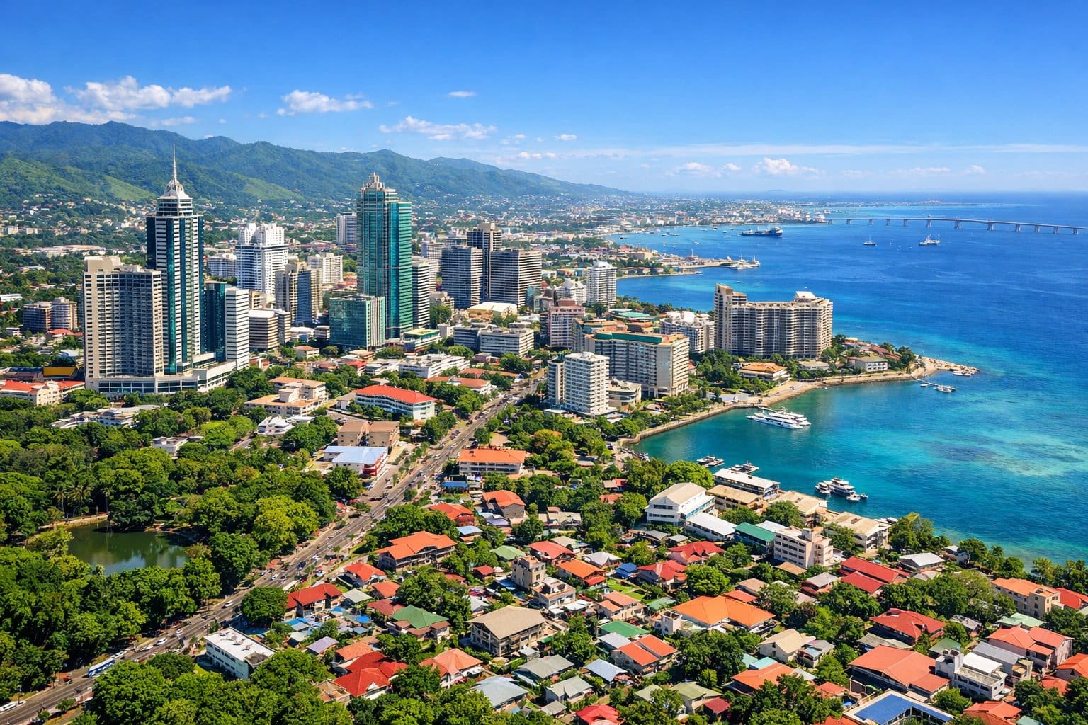 Aerial view of Cebu city showing a mix of buildings, green areas, and coastline under clear skies.