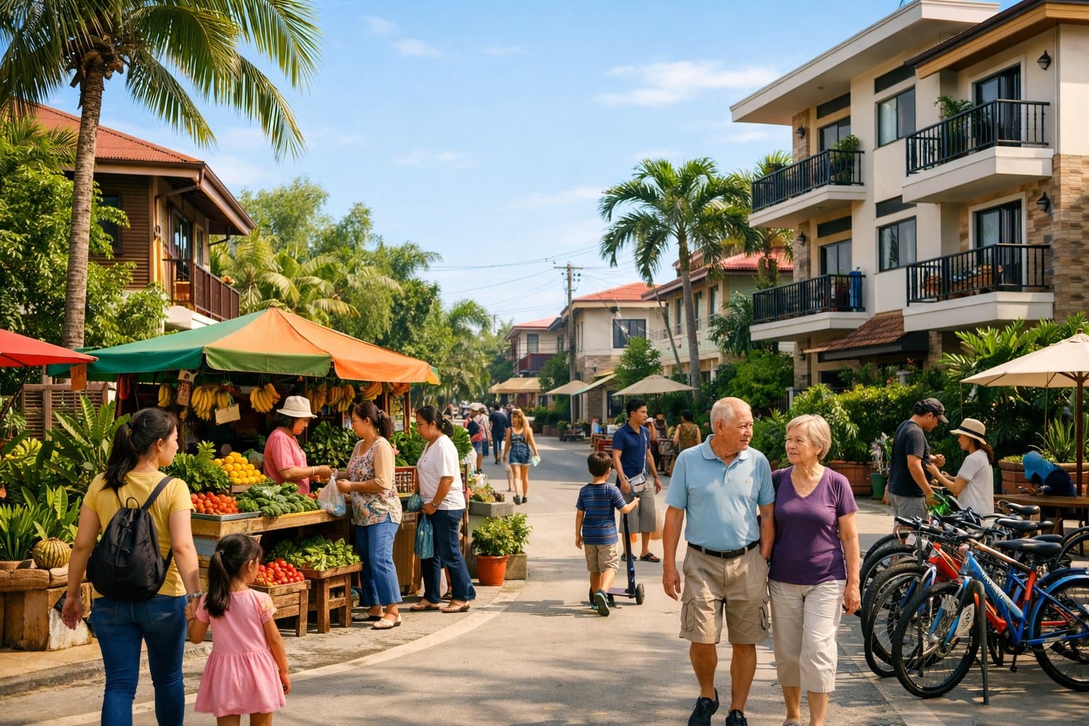 A sunny Cebu neighborhood with residential buildings, greenery, people walking and interacting, and local market stalls.