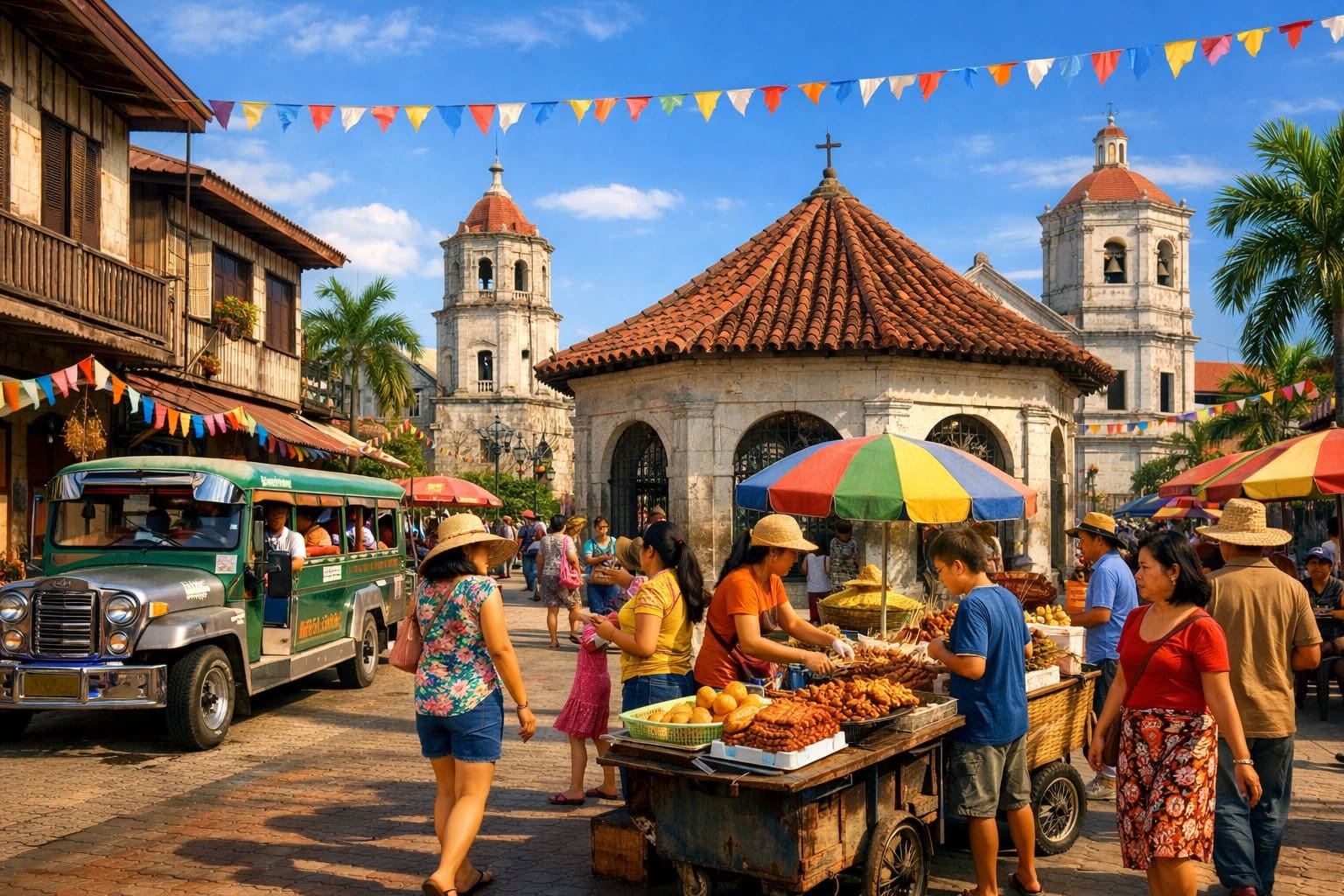 A busy street in a Cebu neighborhood with traditional and modern buildings, local people, street vendors, and colorful decorations under a clear sky.