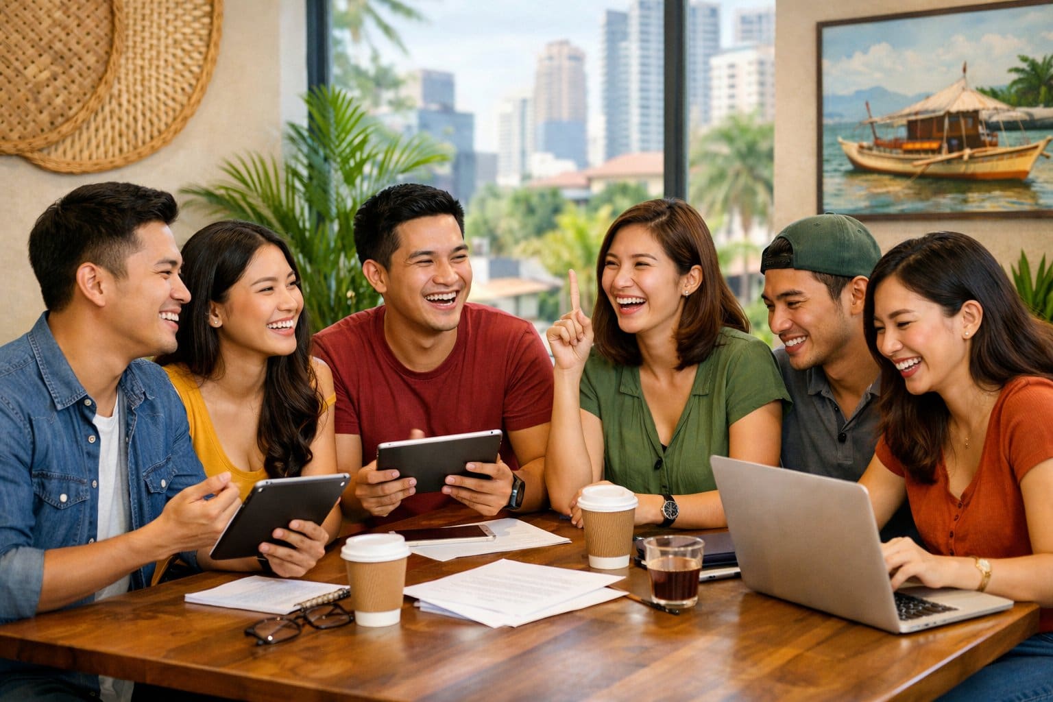 A group of young adults sitting around a table in a bright room, engaged in a lively discussion with digital devices and tropical plants visible nearby.