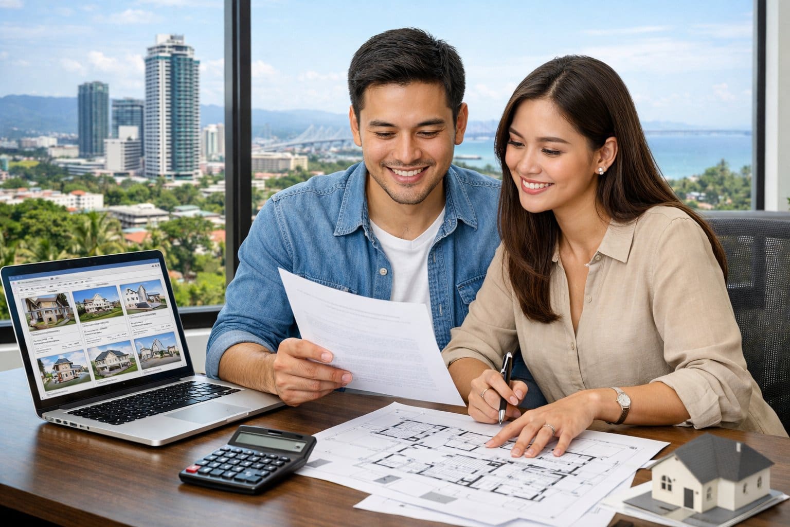 A young couple reviewing home buying documents at a desk with a laptop and floor plans, with a view of Cebu city in the background.