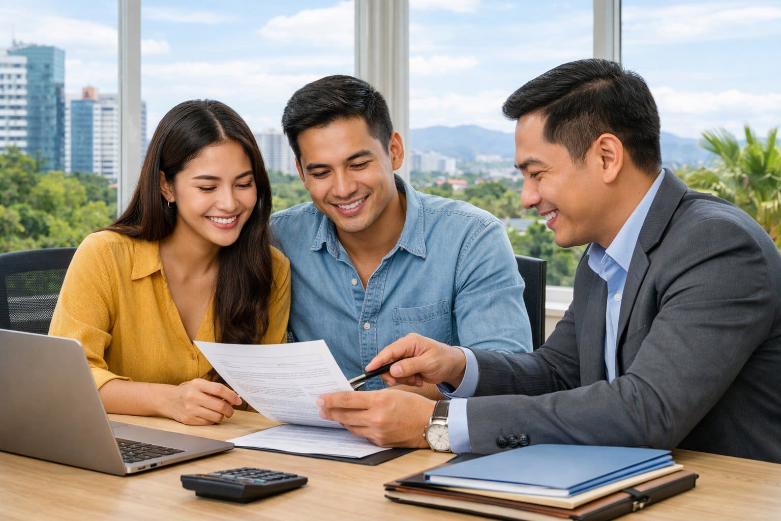 A young couple meets with a financial advisor in an office, reviewing documents for buying a home.