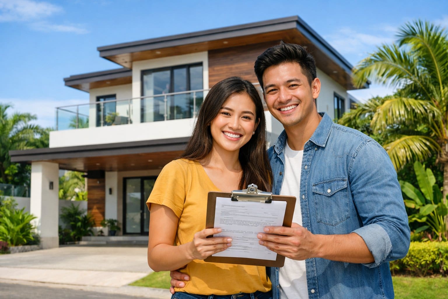 A young couple standing outside a modern house in Cebu, smiling and holding documents.