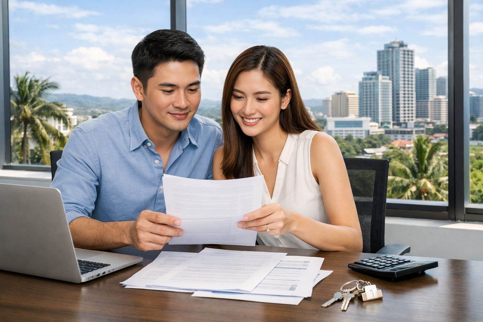 A young couple reviewing documents together at a desk with a view of Cebu city in the background.
