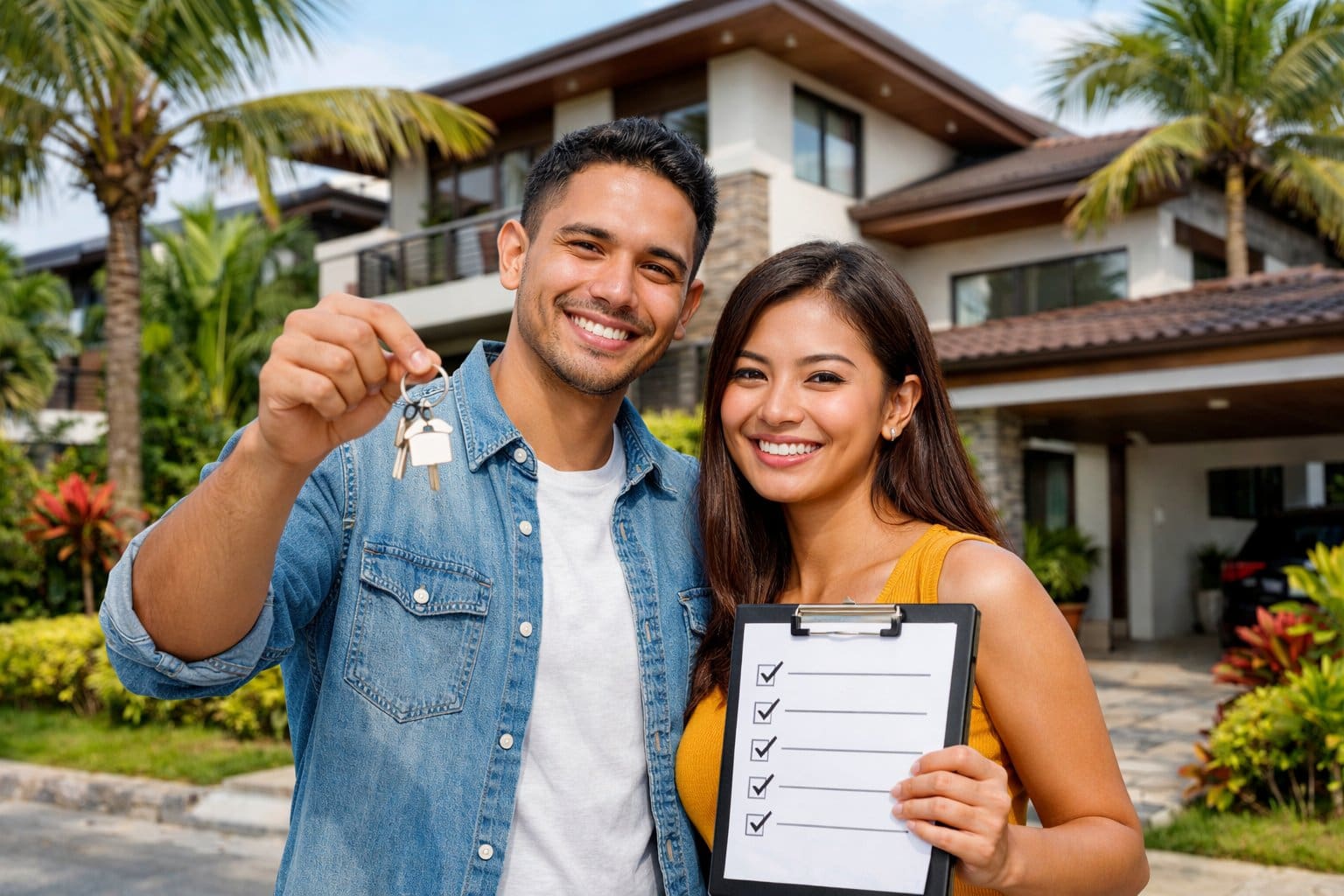A young couple standing in front of a house in Cebu, holding house keys and a checklist, smiling happily.