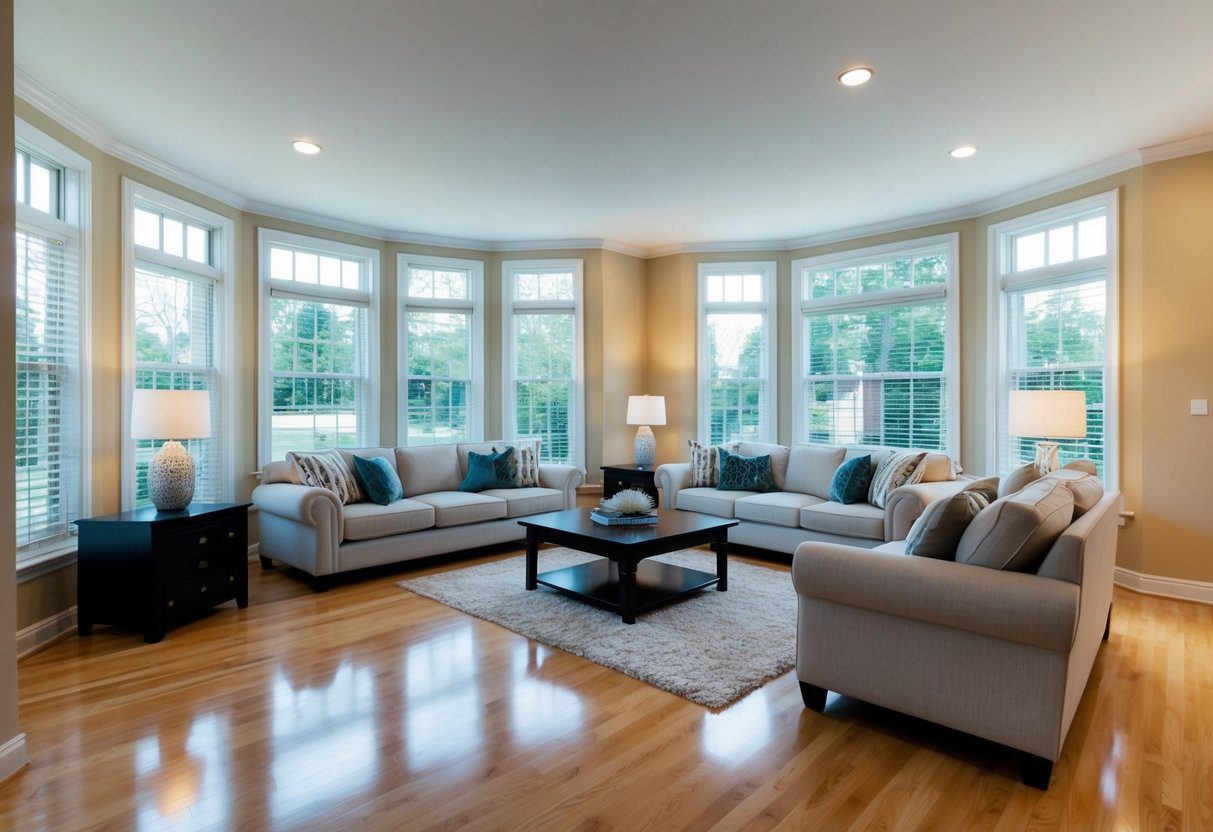 A bright, spacious living room with gleaming floors, spotless windows, and meticulously arranged furniture. Every corner is clean and inviting, ready for potential buyers to envision themselves living there