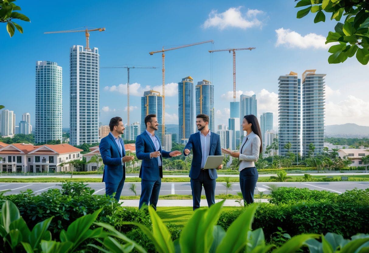 A city skyline with new residential buildings under construction and professionals discussing property plans outdoors.