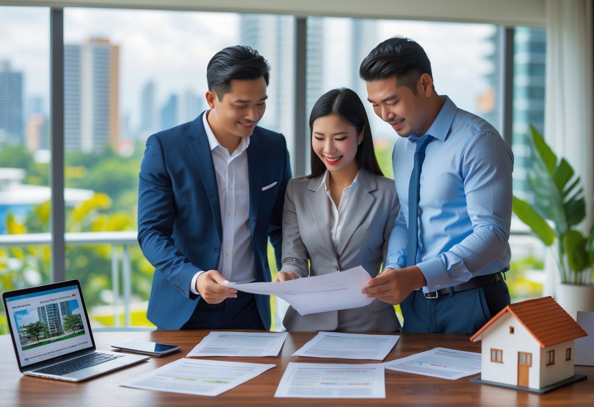 A real estate agent and a young couple reviewing property documents at a desk with a city view in the background.