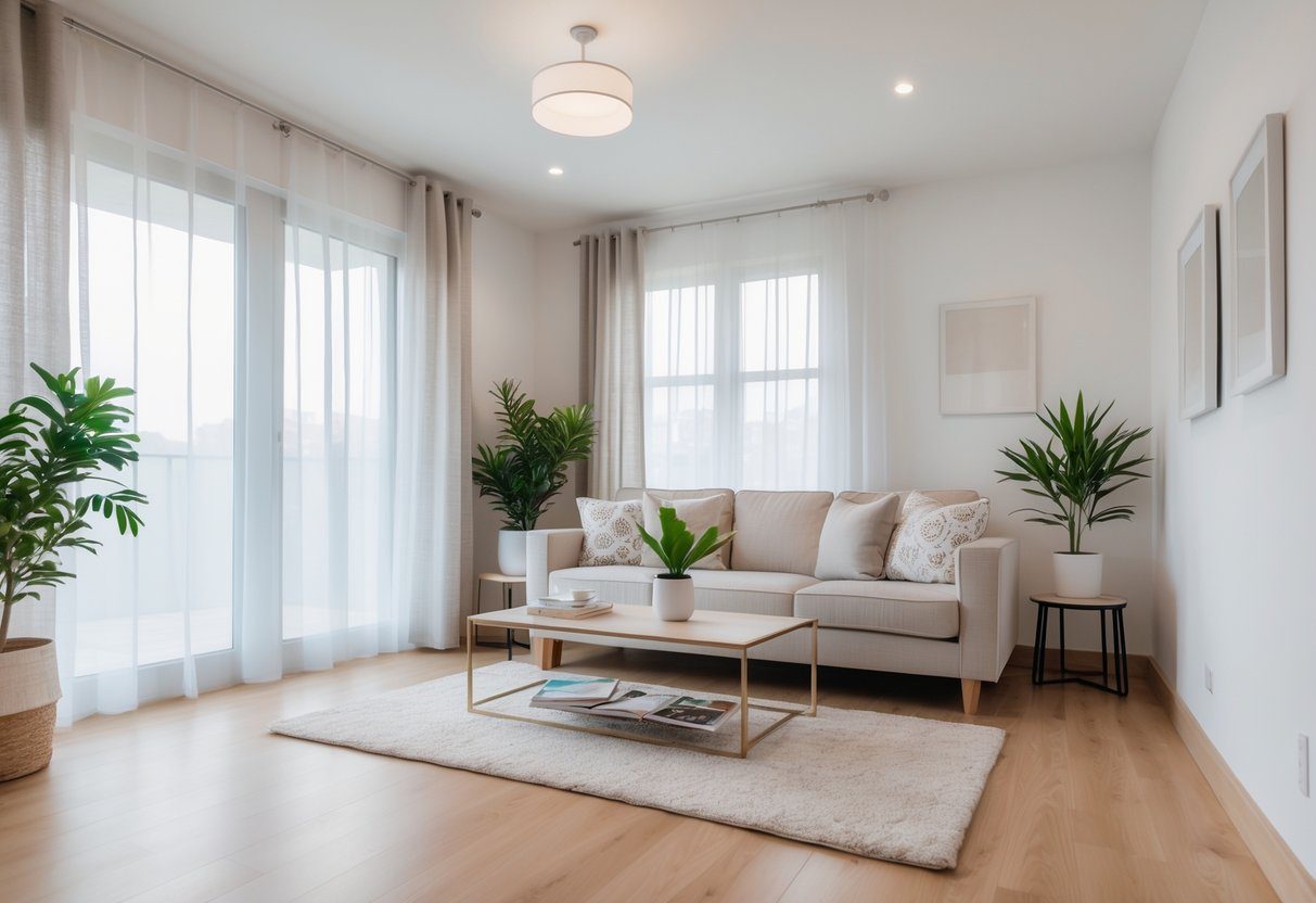 A bright, clean living room with a sofa, coffee table, plants, and natural light through large windows.