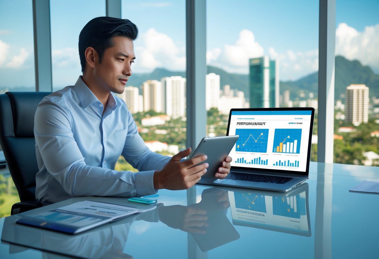 A person using a tablet and smartphone at a desk with a laptop, overlooking a city skyline with tall buildings.