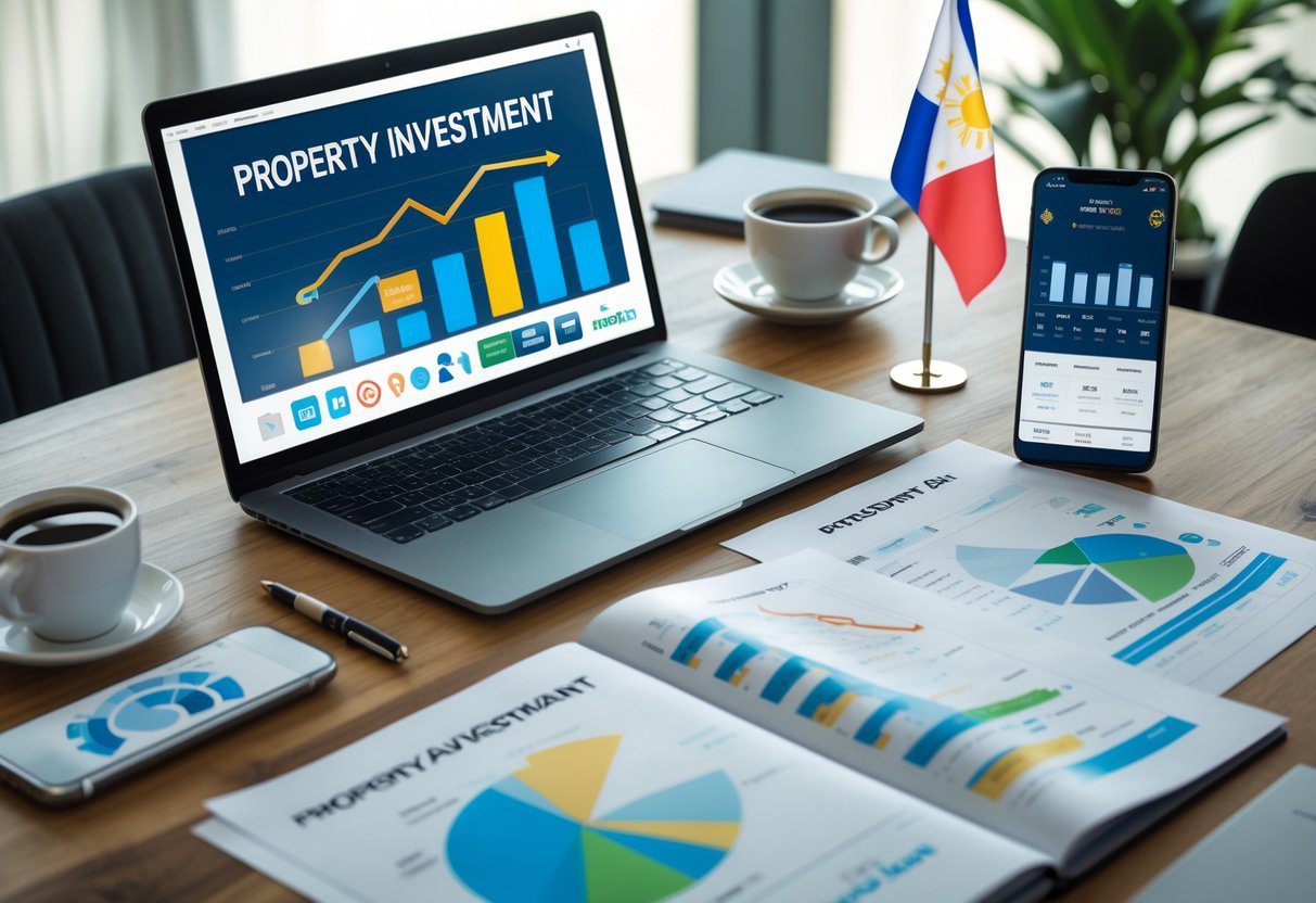 A workspace with a laptop, smartphone, documents with charts, and a small Philippine flag on a wooden desk.