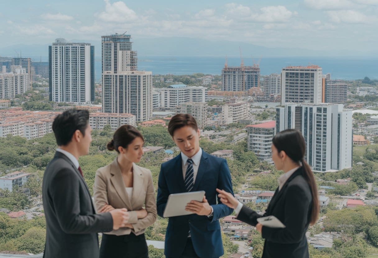 A cityscape of Cebu with modern buildings and construction sites, and business professionals discussing property plans outdoors.