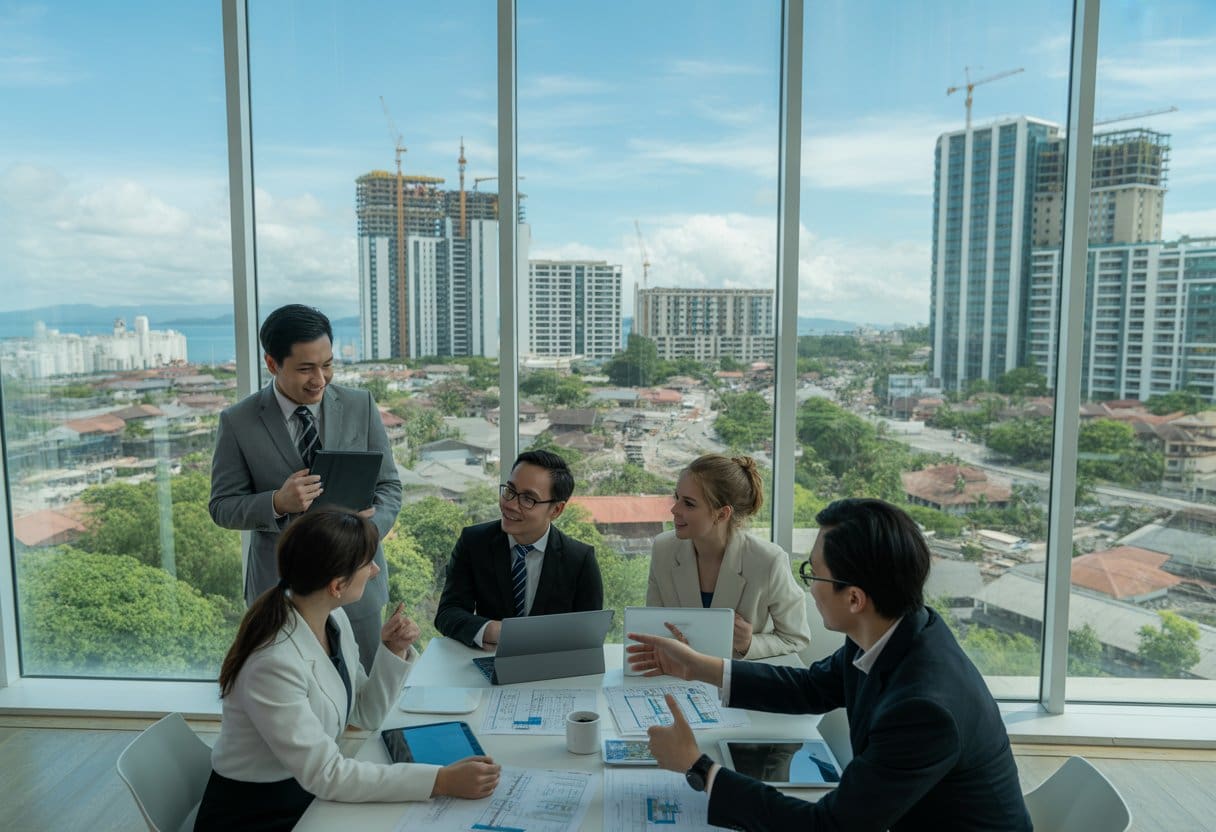 Business professionals discussing real estate investment with a cityscape of modern buildings and construction in the background.