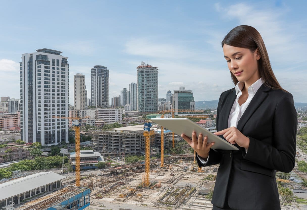 A real estate professional reviewing property plans with a city skyline and construction sites in the background.