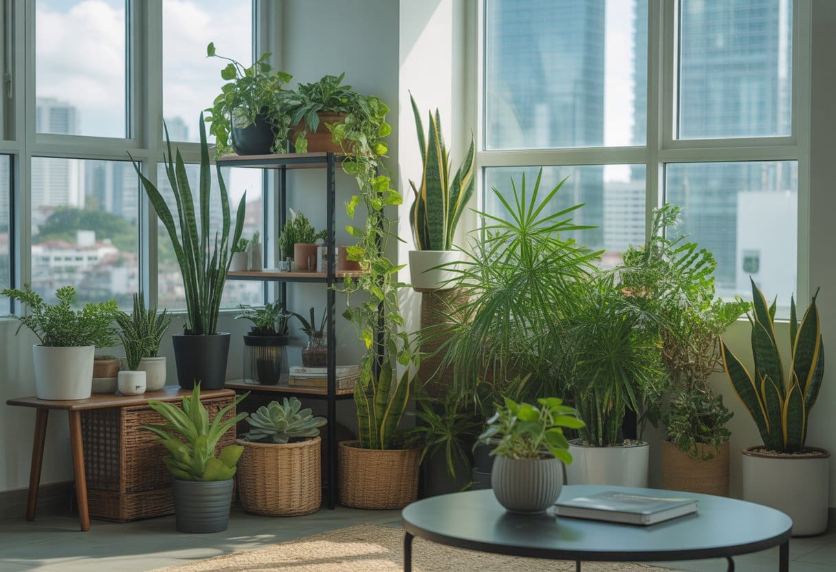 A small condo living room with several green houseplants placed near windows and on shelves, with a city view outside.