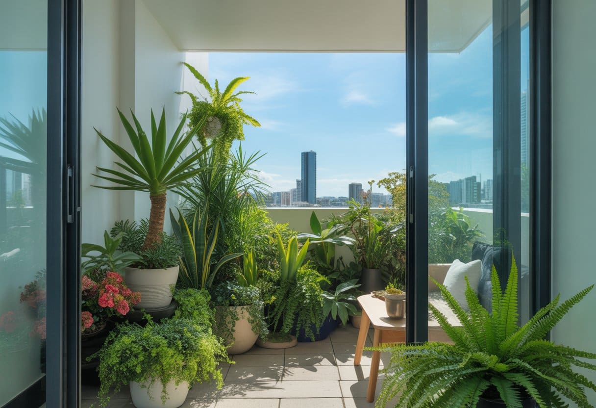 A small condo balcony in Cebu with various healthy potted plants and a city skyline in the background.