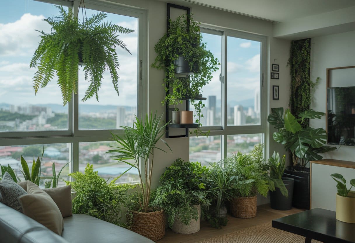A small condo living room with large windows, filled with various green plants and modern furniture, overlooking a cityscape.