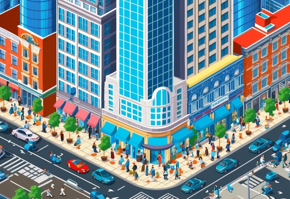 A bustling city street with skyscrapers and a mix of residential and commercial buildings. Pedestrians and cars fill the scene