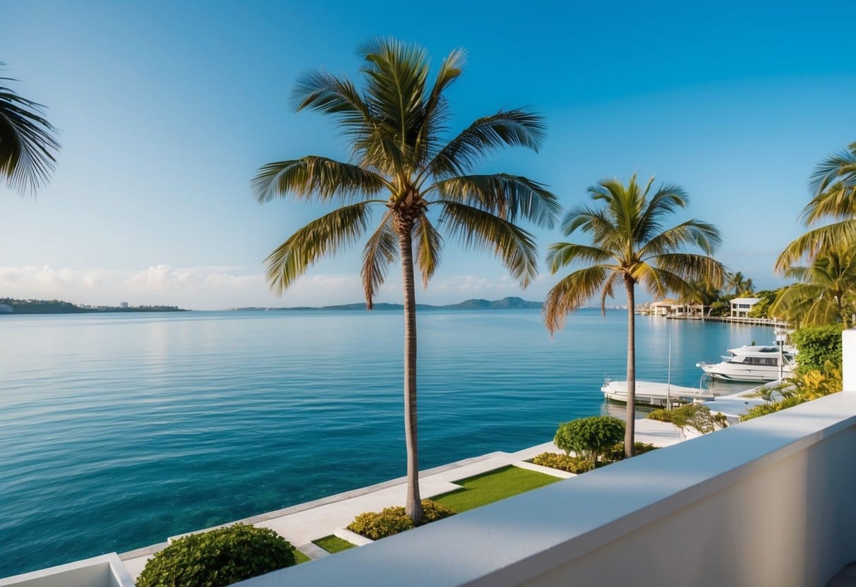 A serene waterfront scene in Cebu, with modern waterfront homes, palm trees, and a calm, glistening ocean under a clear blue sky