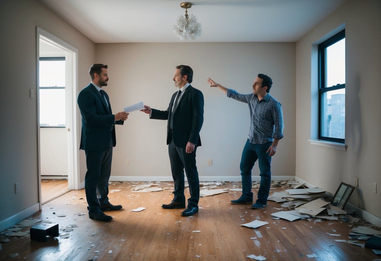 A cluttered apartment with scuffed floors and chipped paint, a landlord holding a check while a frustrated tenant gestures towards a broken window