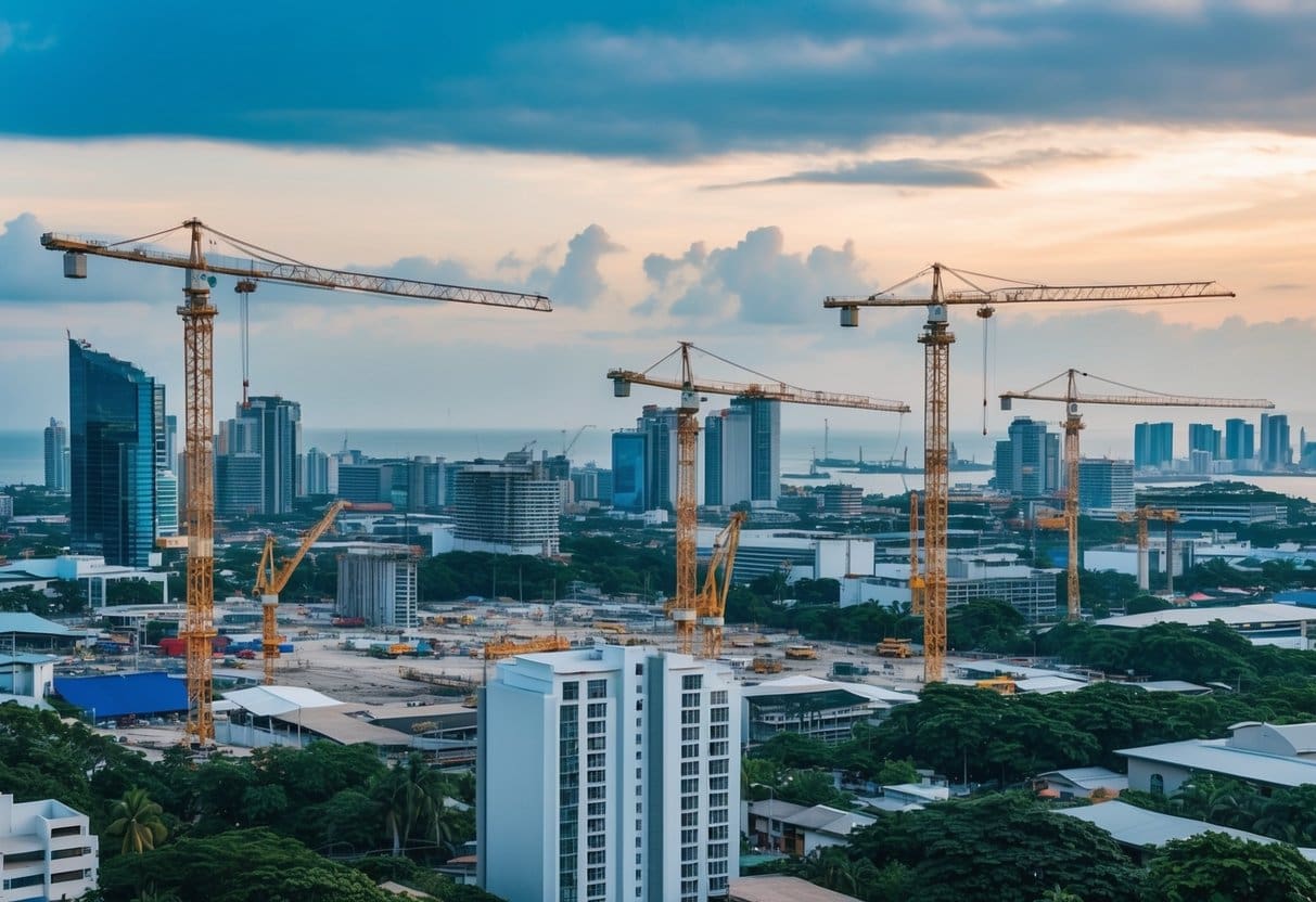 A bustling cityscape in Cebu, with cranes and construction sites dotting the skyline, showcasing the rapid infrastructure development and real estate investments in the area