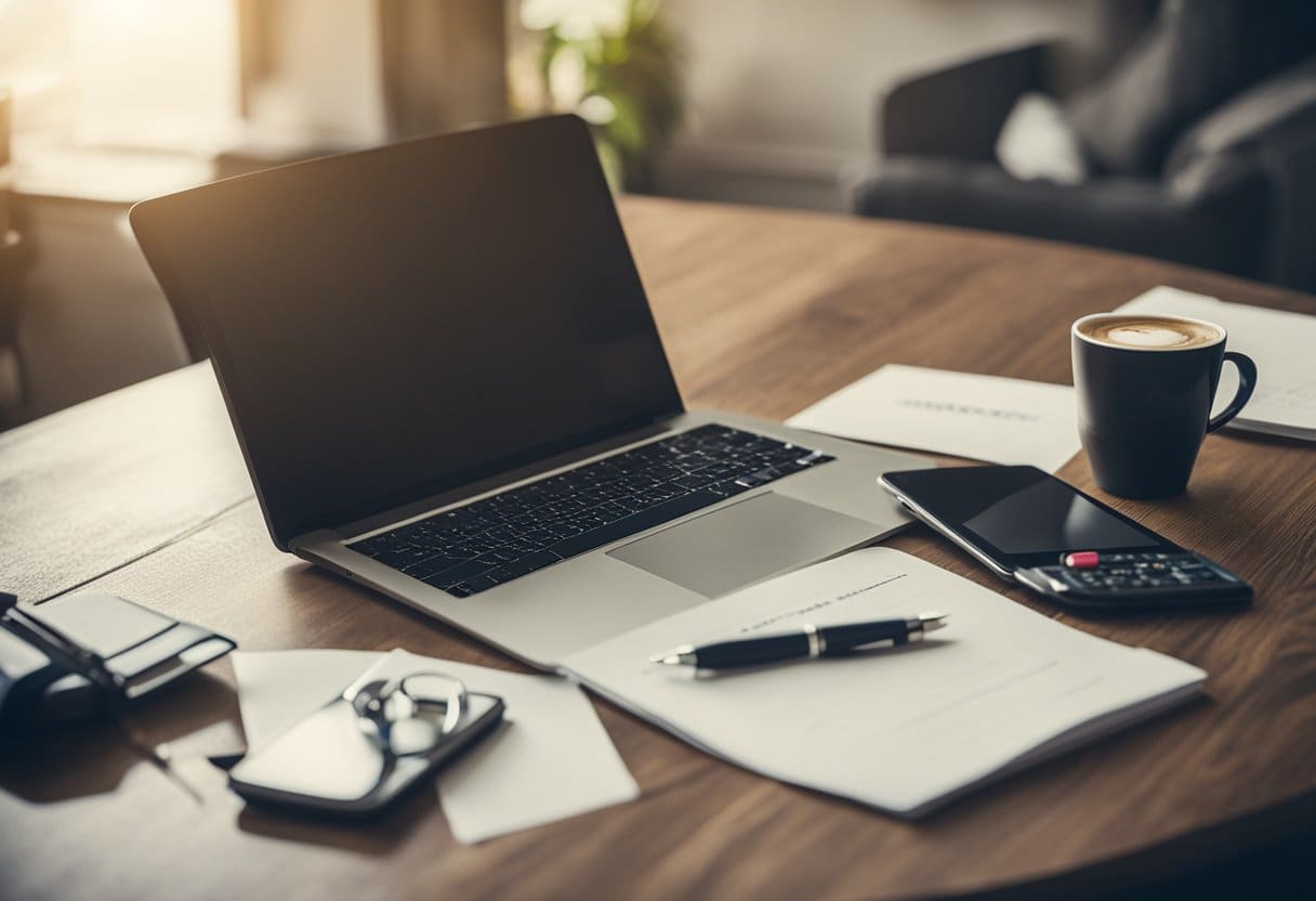 A table with a laptop, pen, and paper. A house key and a