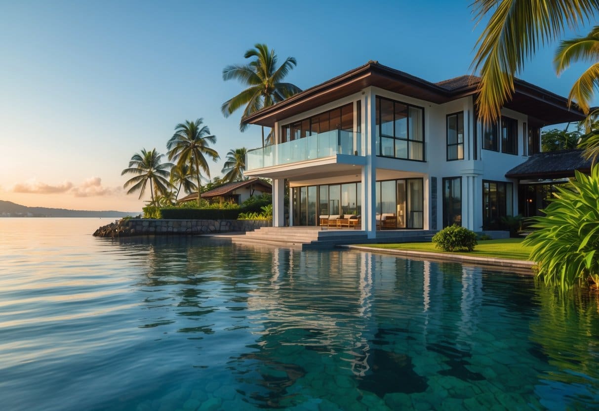 A modern waterfront house in Cebu overlooking calm blue water with tropical trees and a seaside town in the background during sunset.