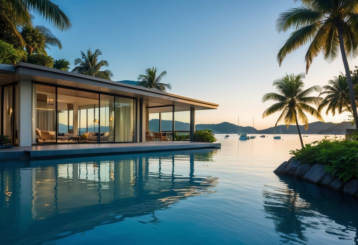 A modern house overlooking calm blue waters with tropical trees and hills in the background.