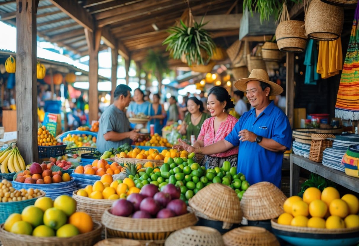 A busy Cebu market with colorful stalls displaying fruits, crafts, and textiles, with local vendors and shoppers interacting.