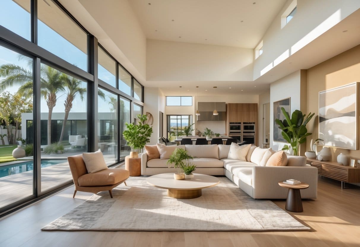 A bright, modern living room with large windows, comfortable furniture, and an open kitchen in the background.