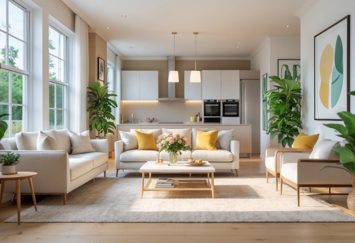 A bright and spacious living room with large windows, comfortable seating, plants, and modern décor, showing an inviting and well-organized home interior.
