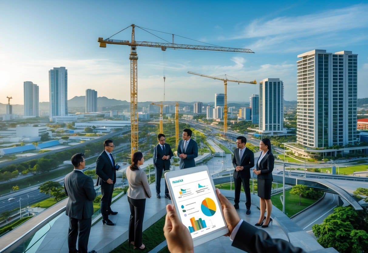 A cityscape of Cebu with construction cranes, high-rise buildings, and business professionals discussing property data outdoors.